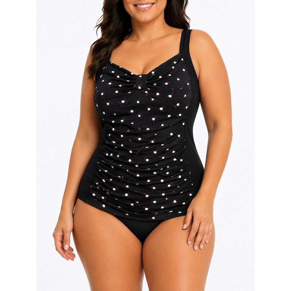 Le Cove 18W Black Floral Ruched Tummy Control One Piece Swimsuit